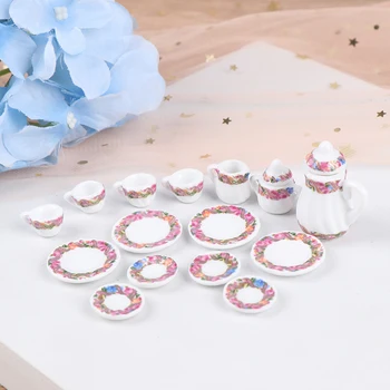  1:12 Miniatură 15buc de Ceai din Portelan Set de Ceasca Creton Flori de Tacamuri de Bucatarie Mobilier casă de Păpuși Jucarii Pentru Copii