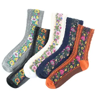  1Pairs Epocă Etnice Flori Șosete de Bumbac pentru Femei Primavara Florale Colorate Confortabil Doamna Calcetines Harajuku Girls Toamna