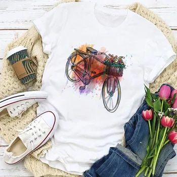  2021 tricou Femei pentru Biciclete de Flori de Moda T-Shirt Romantic Vintage Maneca Scurta Biciclete Vechi de Imprimare Alb Topuri Casual V