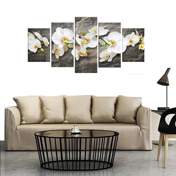  5 Panouri Arta Panza Alb Pictura Flori pentru Decor Acasă Orhidee Canvas Wall Art Imaginile pentru Decor Cameră de zi ( Fara Rama)