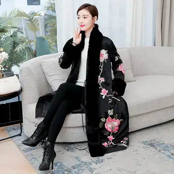  Chineză Stil Jacheta De Iarna Pentru Femei Blana Guler Captusit Haina De Moda Retro Imprimare Lung Bumbac Uza Abrigos M1143