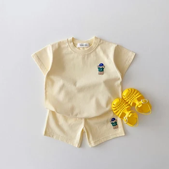 Coreeană baietel Haine de Vară Set Brodate Ursul de Colorat Tees T-shirt+pantaloni Scurți Costum 2 BUC Pachet Fete pentru Copii Seturi de Îmbrăcăminte