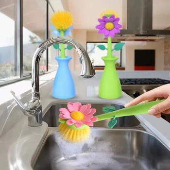  Dozator de săpun Chiuveta Automată Burete de Bucătărie Baie de Flori în Formă de Perie de Curățare Oală de Spălat Instrument cu Mâner Decor Acasă