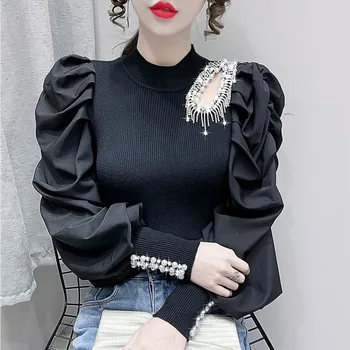  Elegant Mozaic de Tricotat Pulovere pentru Femei ștrasuri din Mărgele Puff Sleeve Ruched Streetwear Feminin Pulover Moda 2022 Stil de Îmbrăcăminte