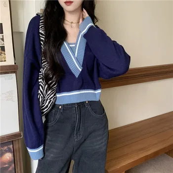  Femei de Moda Casual, V-gât pulover de primavara-coreean Tricotate Pulover Epocă Pulover Feminin Harajuku toamna Pulover Scurt Topuri 90