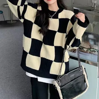  Femei Negre Argyle Mohair Supradimensionate, cu mâneci Lungi pulover Pulover Toamna-Iarna Moda Gros Cald Tricotate Pulover Vintage