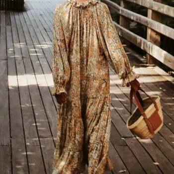  Femei Rochie Ruffle Sleeve V-neck Doamnelor Boem Fusta Lunga cu Talie Înaltă de Imprimare de Mari dimensiuni de Tip Leagăn Plaja de zi cu Zi Dress #W0