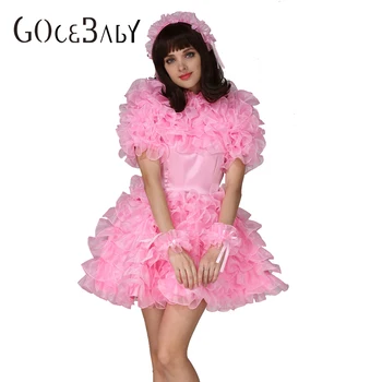  Forțat Sissy Blocabil Roz Din Satin Organza Puffy Rochie Uniformă Crossdress Cosplay Costum
