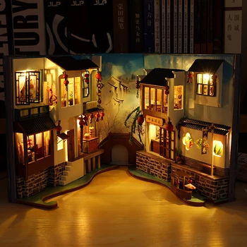  Frumos DIY Carte Nook Kit Decorativ Bookend Introduce Bibliotecă Stand de cărți în Miniatură Casa Kit cu Lumina LED-uri Cadou Creativ