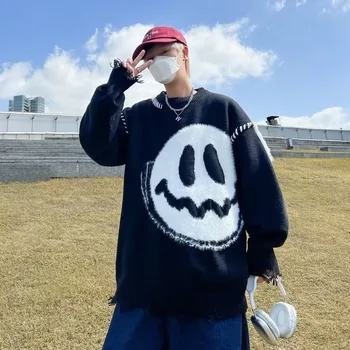  Harajuku Hip Hop de Tricotat Pulover Streetwear Bărbați Pulover Y2K Casual Zâmbet Scrisoare de Imprimare Pulover Punk Gotice Vintage Strat de Desene animate