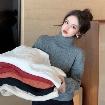  Lucyever Toamna Iarna pentru Femei Pulover coreea Style Solid Scurte Tricotate Pulover Casual cu Maneca Lunga, Pulovere Jumper
