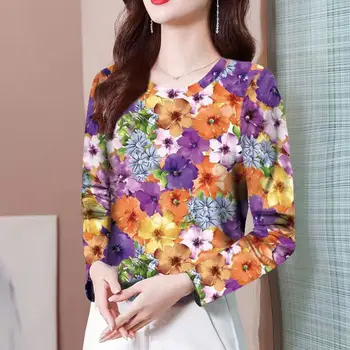  Moda Casual Florale Imprimate Tie Dye T-shirt Toamna Iarna Haine de sex Feminin Gât Rotund Chic Culori Contrastante Topuri cu Maneci Lungi