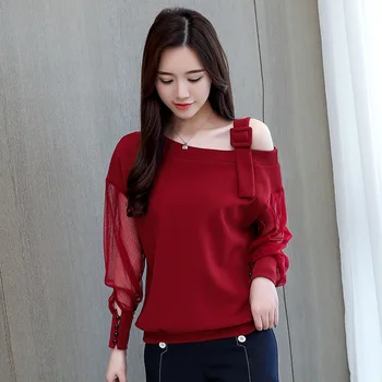  Moda Coreeană Sexy De Pe Umăr Topuri Elegante De Primavara Casual Nou Cu Maneci Lungi Tricou Femei Solide Femei Pulover T-Shirt Femei