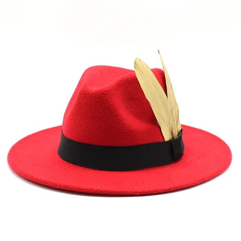  Moda Femei Barbati Pork Pie Hat Tata Lână Jazz Fedora Pălărie Doamna Domn Jucător Panama Pălărie Trilby Cu Moda Pene pălărie albă