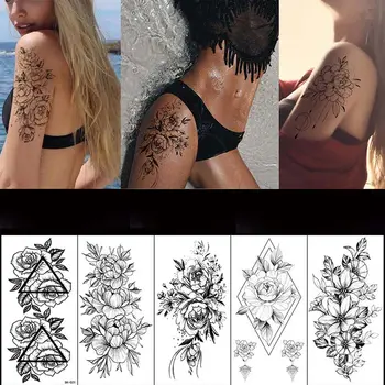  Negru Schiță de Flori Autocolante Tatuaj Negru 3D Autocolante Tatuaj Doamnelor Impermeabil Tatuaj Autocolante Brațele Sternului Picioare Decor