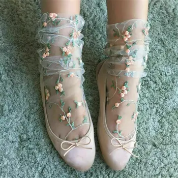  Noua modă a se vedea-prin Moda Femei Sexy Dulce Proaspăt Ochiuri Brodate Florale Subțire Glezna Șosete Ciorapi