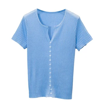 Supradimensionat XL-4XL Tricotate T-shirt Femei 2022 Vara Noi V-neck Cardigan de Sus Gheață Subțire de Mătase Maneca Scurta Mare Tricou