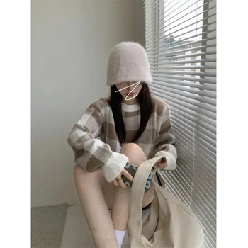  Trunchiate Pulover-coreean O-gât Imprimare Carouri Stil Preppy pulover Pulover Femei Simple Dulce Pulovere Pentru Femei Student Pulover