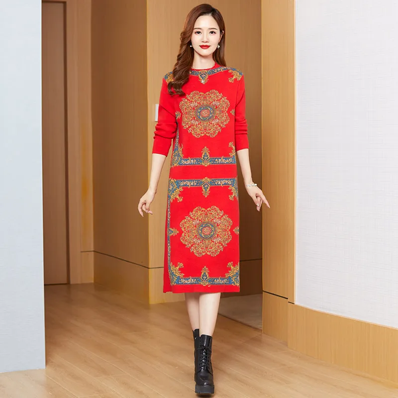 background liner Seedling Cumpara Femei roșu tricotate de imprimare de moda rochie midi de toamna  iarna coreean epocă talie vrac rochie 2022 nou elegant bodycon rochie casual  \ Îmbrăcăminte pentru femei / Sytago.ro