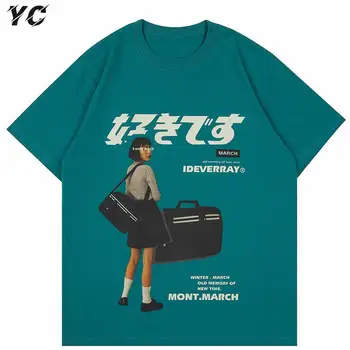  2021 Hip Hop Streetwear Harajuku Tricou Fată Japoneză Kanji Imprimare Tricou Barbati Vara cu Maneci Scurte din Bumbac Vrac supradimensionate T-Shirt