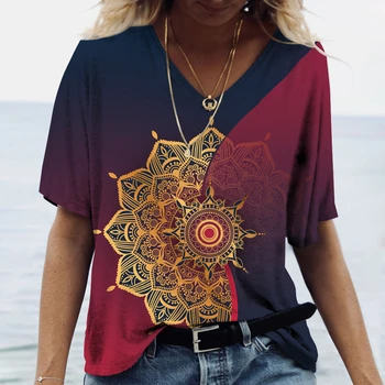  2022 Nou de Îmbrăcăminte pentru Femei de Vară de Imprimare T Tricoul Mandala Gradient Maneci Scurte Topuri V Gât Pulover de Bumbac Tricouri Casual Streetwear