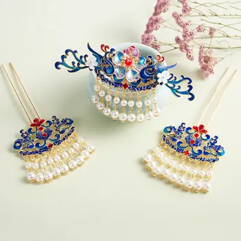  Albastru Vntage Set Coroana Priness Coroana Decor Han Cadouri Partid Antic Chinez Pălării, Bijuterii