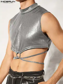  Bărbați maiouri de Argint Strălucitor Guler fără Mâneci Streetwear Dantelă-Up Veste Barbati Sexy 2022 Petrecere de Moda Topuri de Cultură S-5XL INCERUN
