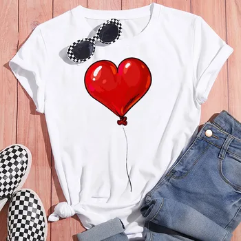  Femei Tricouri Topuri de Vară O-Gât Supradimensionate Populare Tricou Maneca Scurta Alb cu Haine Drăguț Kawaii Inima Rosie de Imprimare T
