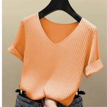  Maneca Scurta Alb Subtire Tricotat Elastic Femeie De Moda Haine De Vară Topuri Coreean Solide În Vrac Casual T-Shirt