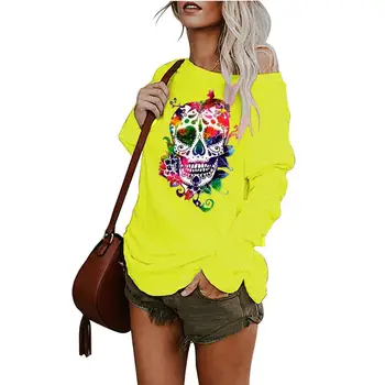  Moda Colorate Craniu de Imprimare T-shirt Casual, O-Neck Maneca Lunga Stil Harajuku Pulover Tricouri Largi Elegant Strada Topuri 2XL