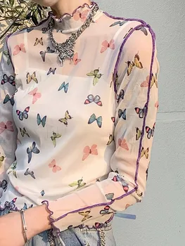  Tonngirls Fluture de Imprimare Femei T-shirt Vedea Prin Plasă Transparentă Topuri cu Maneci Lungi coreean Estetice Doamnelor Guler Tee Top