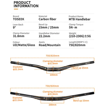  TOSEEK SUNT DH Ghidon MTB Fibra de Carbon 750mm 820mm Biciclete ghidon Prelungi Plat/Coloană Ghidon 31.8 mm, Accesorii pentru Biciclete