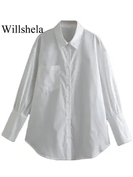  Willshela De Moda Pentru Femei, Cu Buzunar Alb Singur Pieptul Bluza Vintage Rever Mâneci Lungi Gâtul De Sex Feminin Chic Lady Tricouri