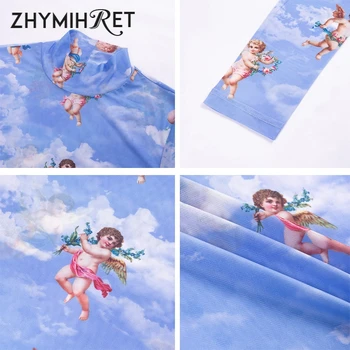  ZHYMIHRET 2022 Arcului Cupidon Print Mesh Crop Top pentru Femei Kawaii Înger Model de Tricou Maneca Lunga guler Tricou Streetwear